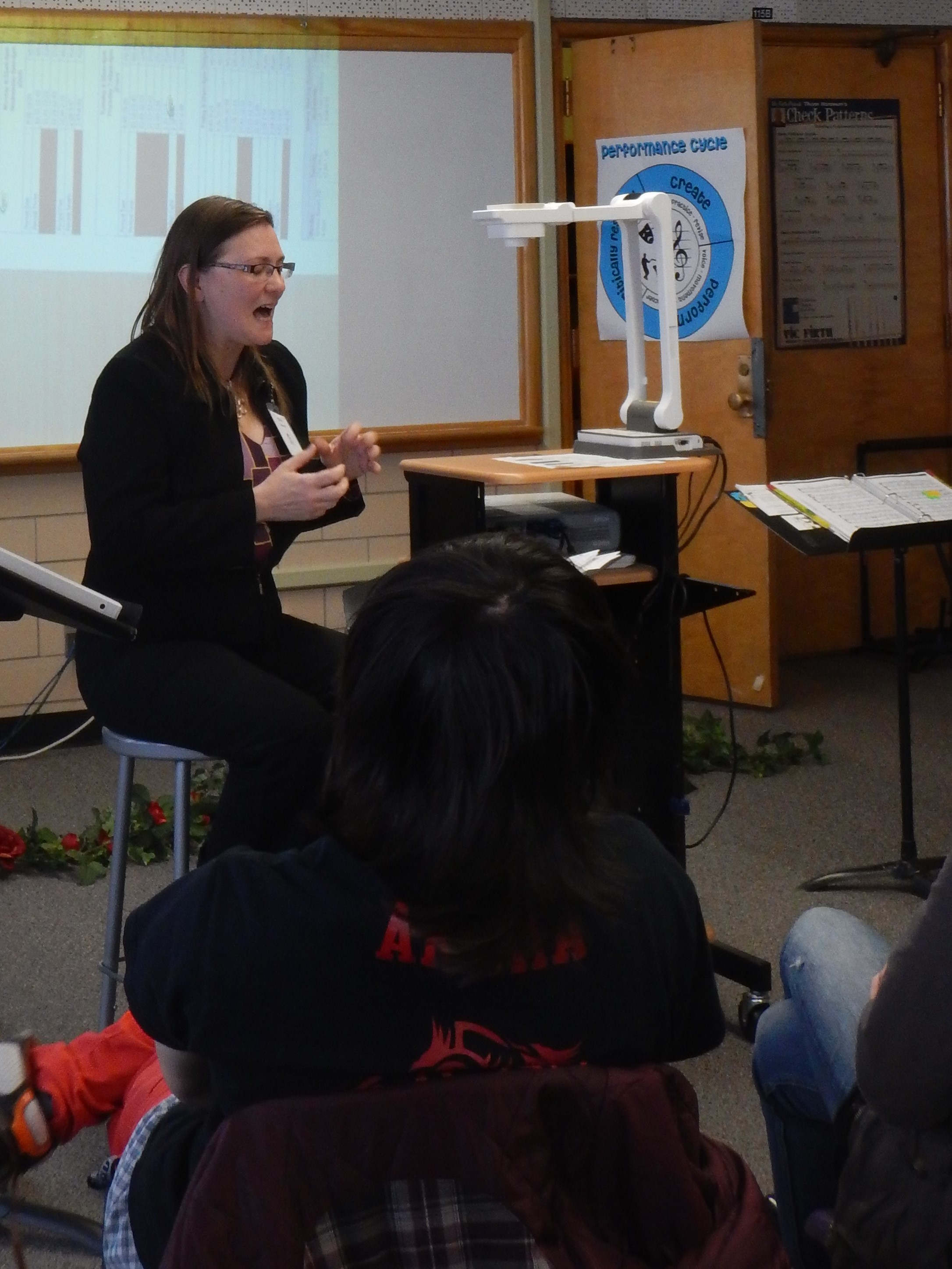 Colorado Creative Careers Festival Erin Joy Swank Stage Manager Stage Manager Erin Joy Swank sits near an overhead projector in front of a group of students