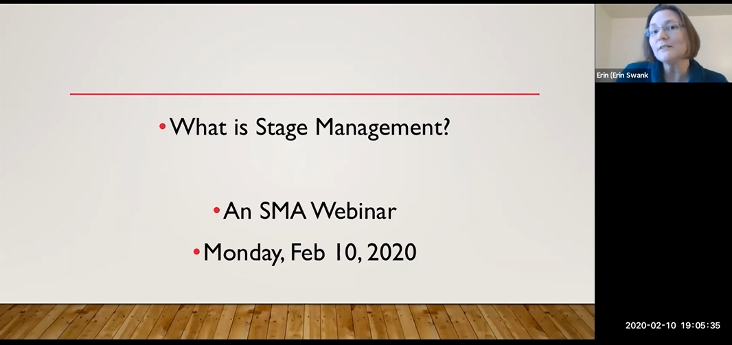 Screenshot from the What is Stage Management webinar, with title page and Erin in the upper right corner