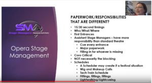 Screenshot from a Stage Managers' Association webinar on Opera Stage Management, hosted by Erin Joy Swank. This page discusses paperwork and responsibilities that are different including score timings, a who/what/where, first entrances, duties of Assistant Stage Managers, and various versions of scheduling/schedules.