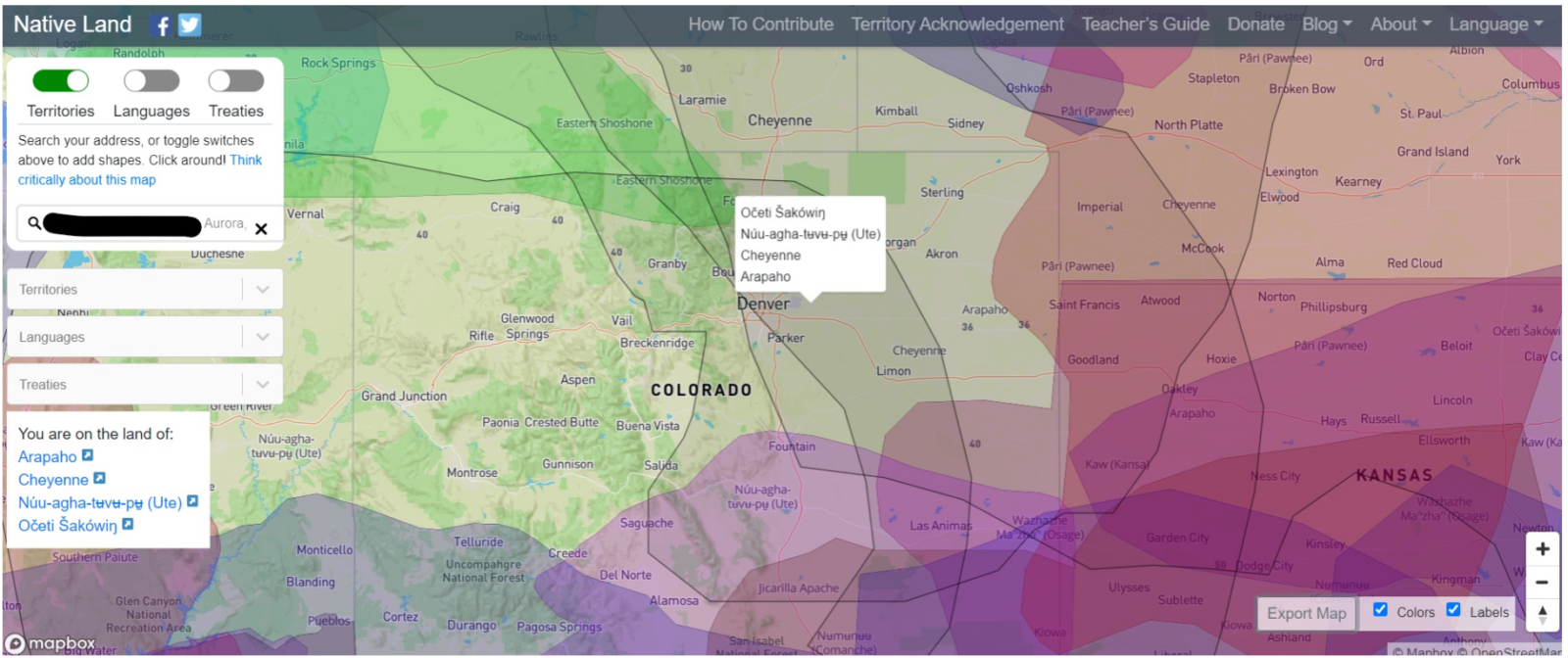 A screenshot of the map shown at native-land.ca when you input Aurora, Colorado, to retrieve names of those who had been on the land before