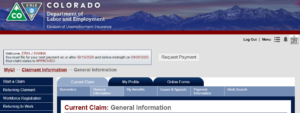 Screenshot of the home screen for Colorado Unemployment's Online System