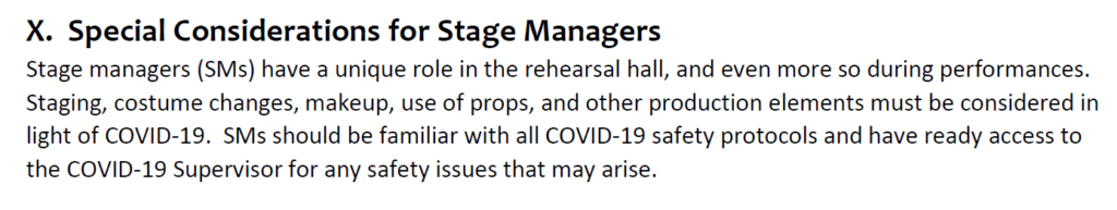 Screenshot of the Stage Manager section of the AGMA/SDC Return to Stage Playbook