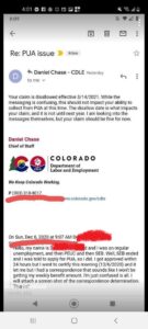 Screenshot of an email from Daniel Chase, Chief of Staff for Colorado's Department of Labor