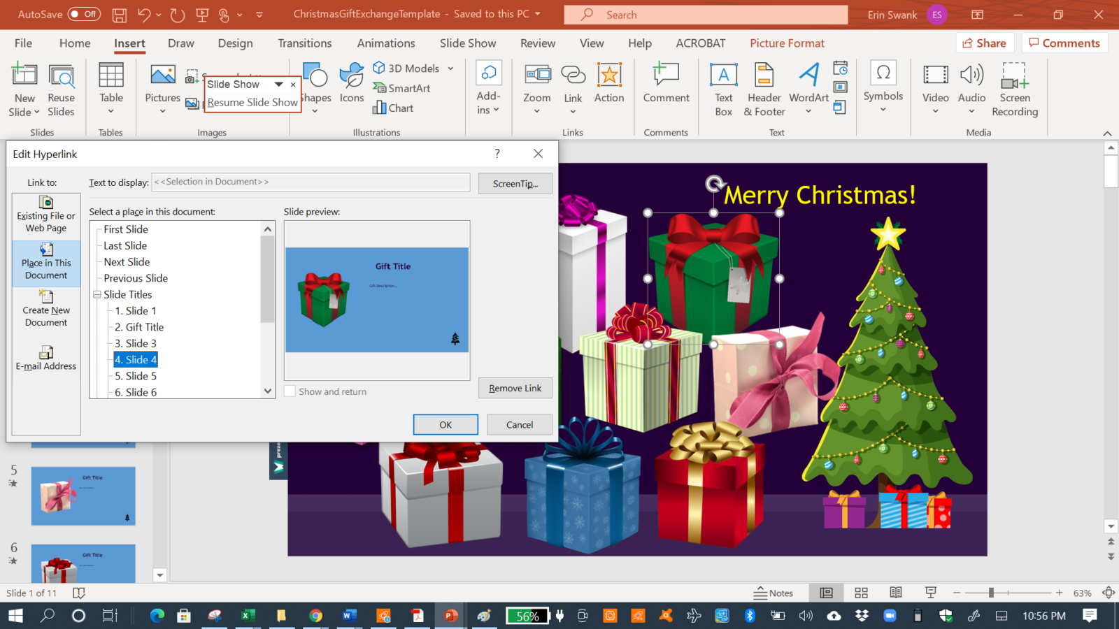 Screenshot of PowerPoint Insert Link to Slide option