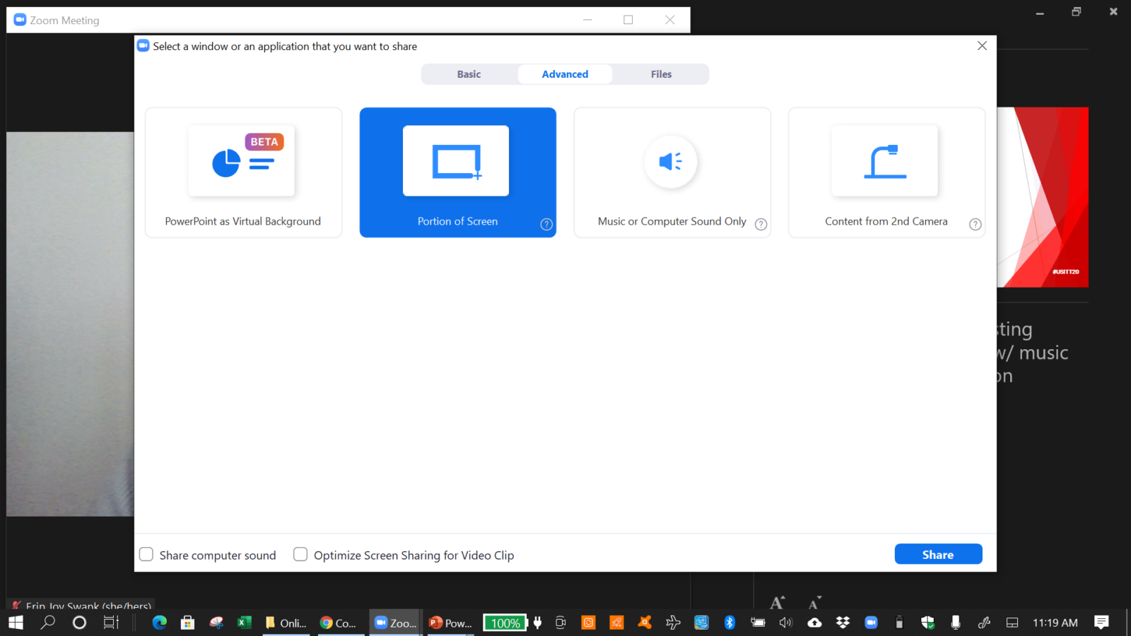 Screenshot of Zoom's Advanced Screen Share options, highlighting "Share Portion of Screen"