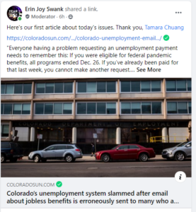 Screenshot of a Facebook posting of the Colorado Sun article the Colorado Sun article about the unemployment system being slammed