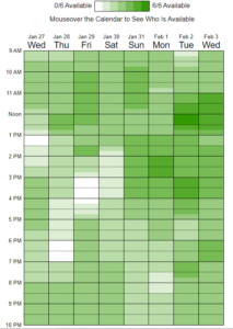 Screenshot of a When2Meet calendar, with varying shades from white for zero availability to darker green as more attendees are available for a given timeslot