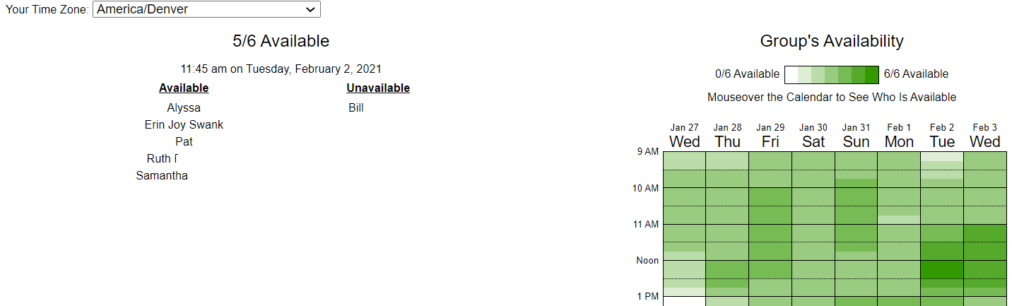 Screenshot of a When2Meet link, showing that on a given time slot 5 people are available and 1 is not