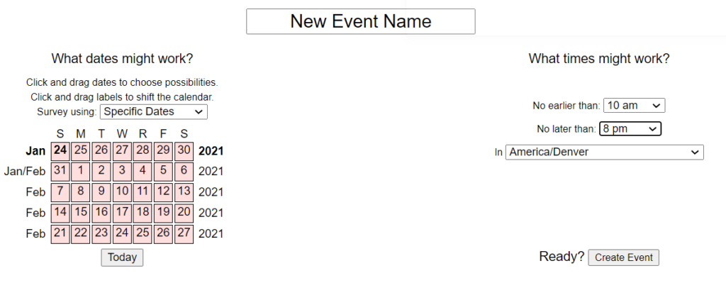 Screenshot of a When2Meet Creation webpage, choosing which dates, time zone, and range of dates for attendees to choose from