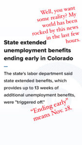 Screenshot of bad news that unemployment benefits were ending earlier than expected.