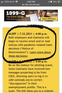 Screenshot of CDLE yellow alert saying that both employers and claimants will begin to receive email and/or mail notices with pandemic-related claim decisions.