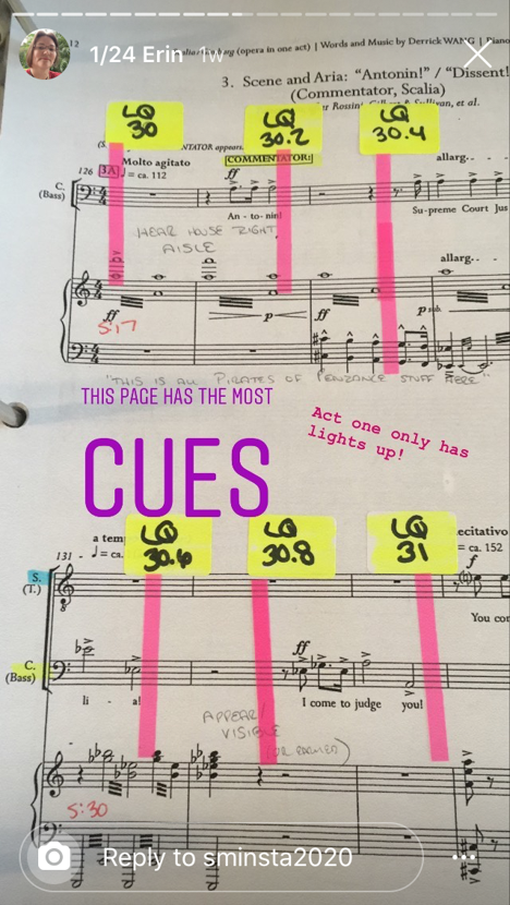 Photo of a stage manager's calling score for an opera, with six cues on one page