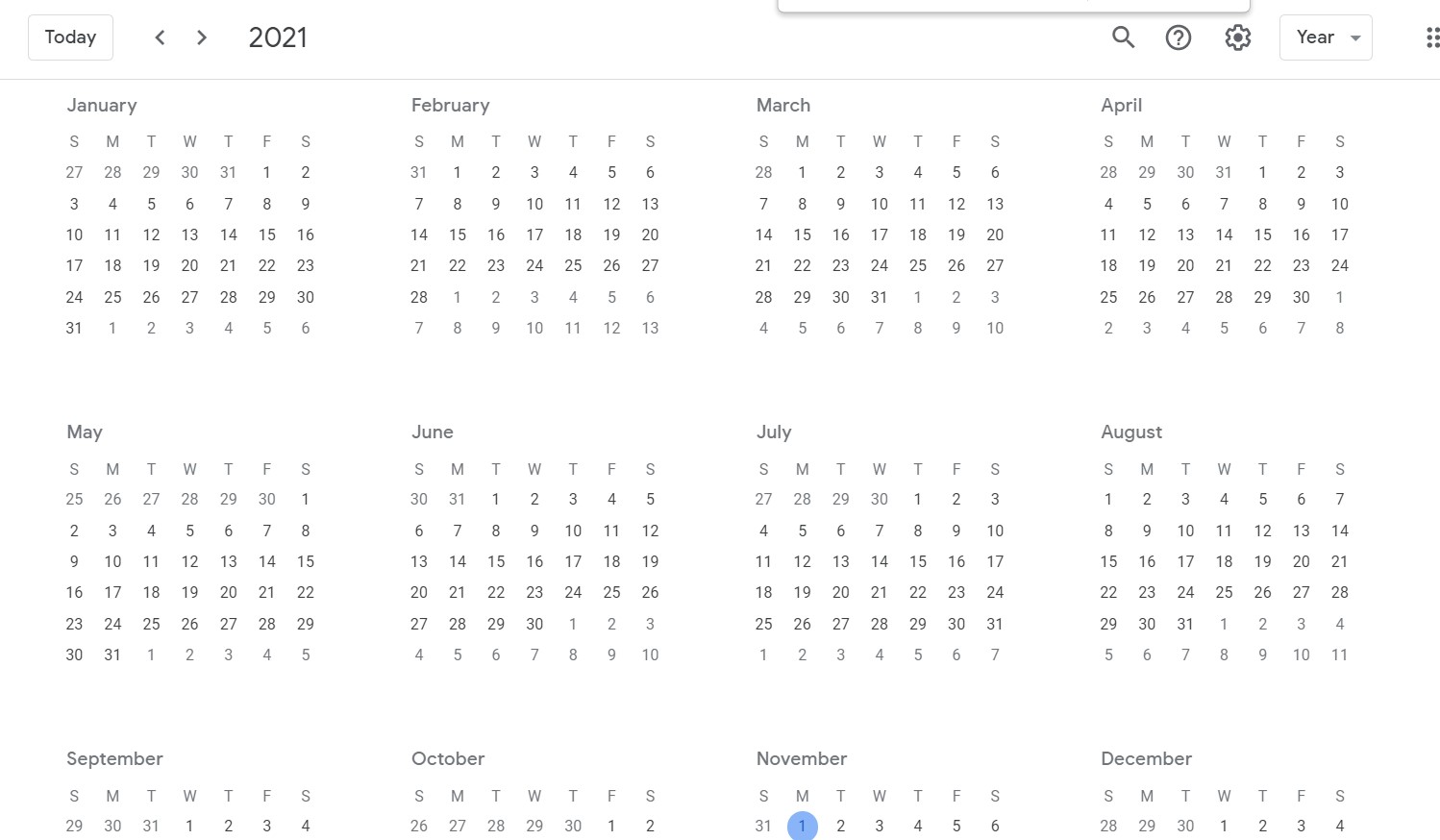 Screenshot of the first 8 months of the 2021 calendar