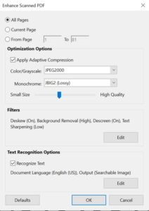 Screenshot of the choices for Enhanced Scanned PDF feature within Adobe Acrobat Pro