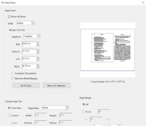 Screenshot showing the Set Page Boxes options in Adobe Acrobat, showing cropping boundaries of the left page of a scanned two-page script