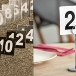 Two images - left are white numbers on black cards, all even numbers; on the right is a card with a black 25 on a white background, sitting in a restaurant card stand to show the table number