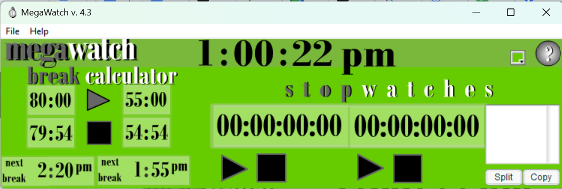 Screenshot of the old MegaWatch app that is no longer supported. It shows how many minutes are left for the 5 and 10 minute Equity breaks as well as has two stopwatches.