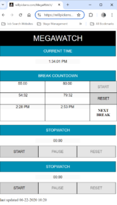 Screenshot of the MegaWatch website with timer running down 5 and 10 minute breaks as well as 2 stopwatches