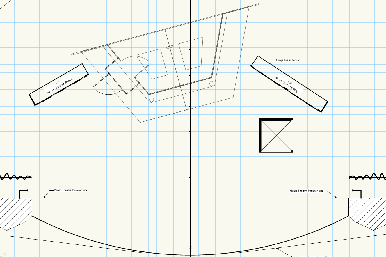 A digital theatrical groundplan is shown with overlapping aprons of differing sizes.