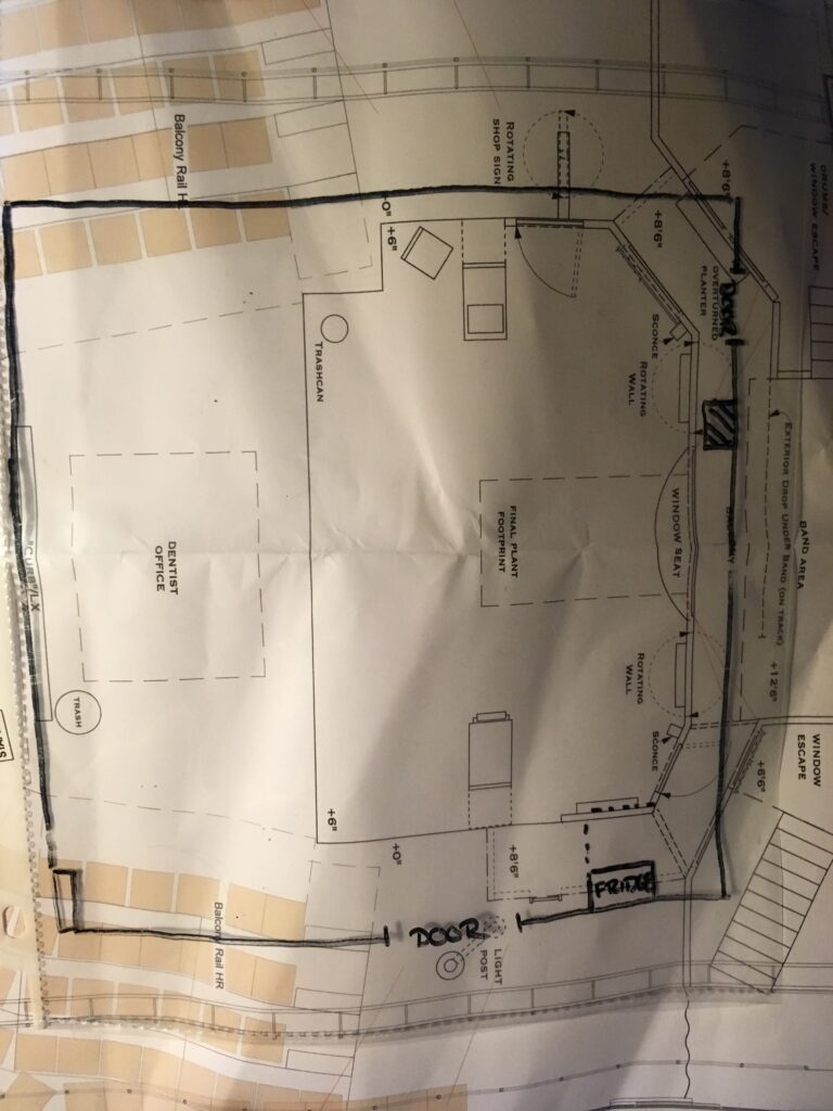 A theatrical groundplan is shown with a transparent overlay of the rehearsal hall dimensions