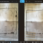 Two theatrical groundplans are shown with a transparent overlay of the rehearsal hall dimensions, giving alternate layouts