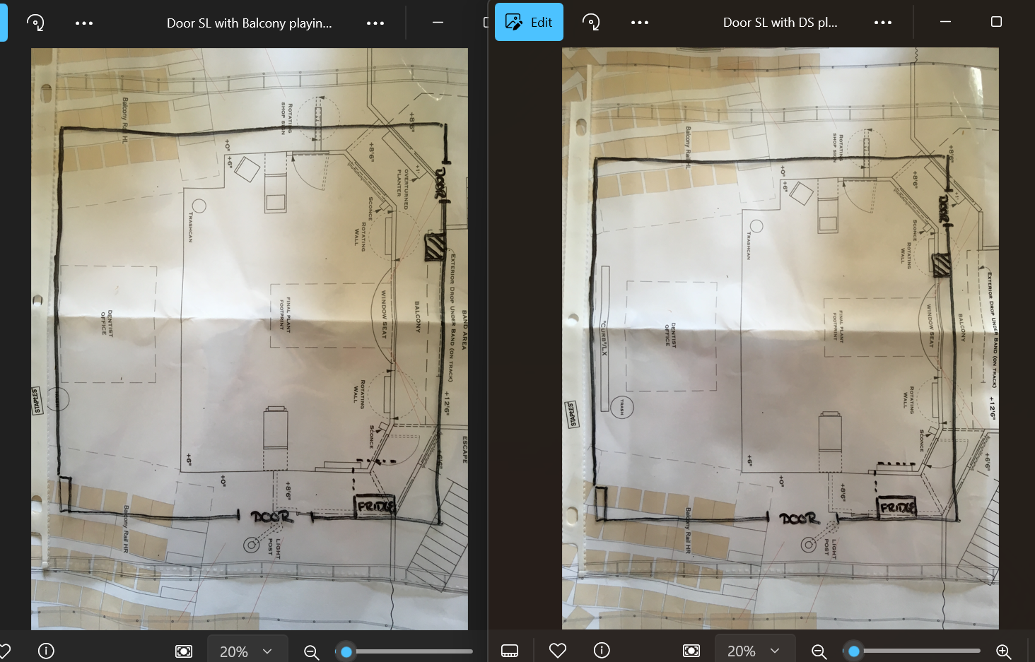 Two theatrical groundplans are shown with a transparent overlay of the rehearsal hall dimensions, giving alternate layouts