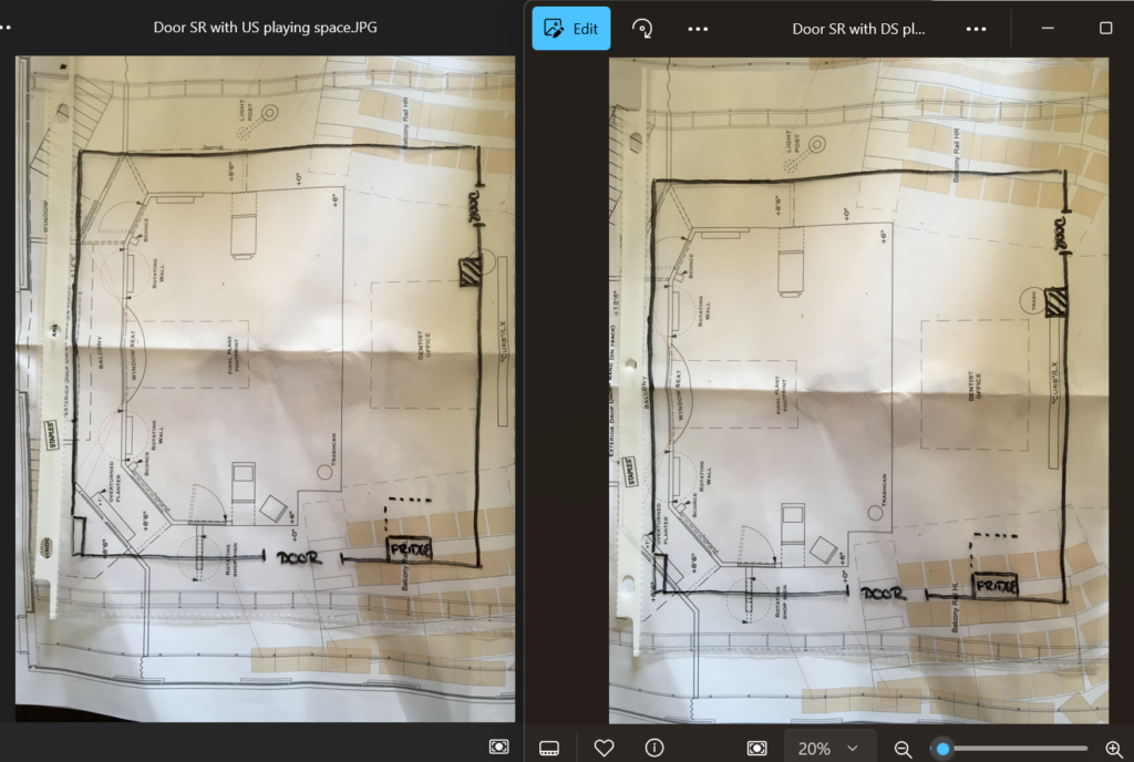 Two theatrical groundplans are shown with a transparent overlay of the rehearsal hall dimensions, giving alternate layouts